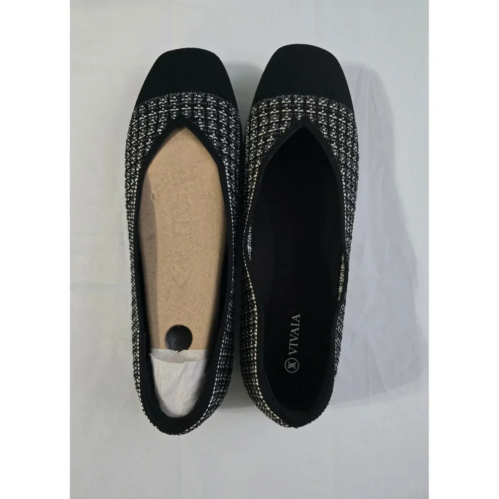 Vivaia Margot Square Toe V-Cut Tweed Knit Flats Black White EU 43W USA 11.5Wide